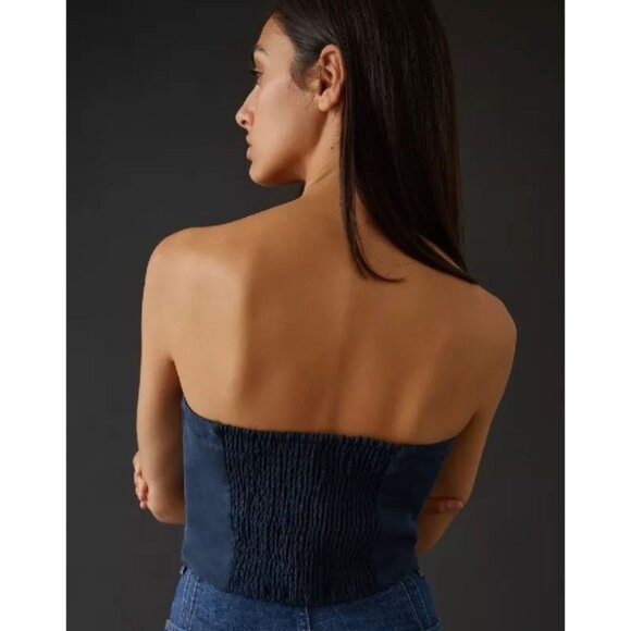NWT Anthropologie XL Maeve Strapless Tube Top Tie Front Cropped Vest Denim Blue - Picture 3 of 10